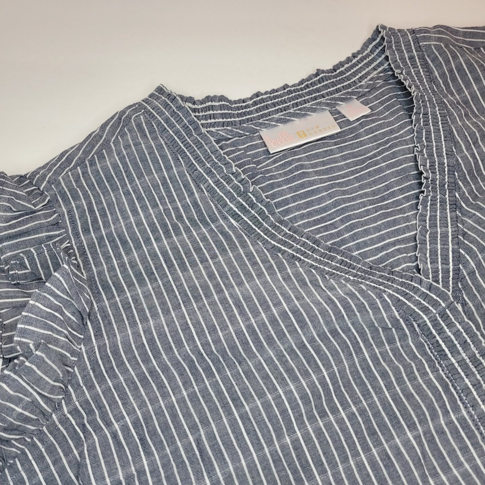 Belle by Kim Gravel Blouse Womens XL Blue White Striped Ruffle V-Neck Sleeveless
